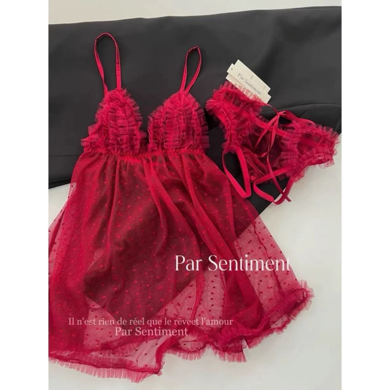 Prozirna čipkasta mrežasta noćna haljina – poliester, 90–95% poliester, gustoća tkanine 141–160 g/m²