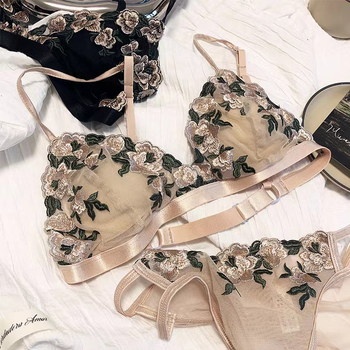 Cipkasti set grudnjaka s trokutastim košaricama, izvezeni detalji, ultra-tanki oblikovani košarice, francuski stil, poliester materijal