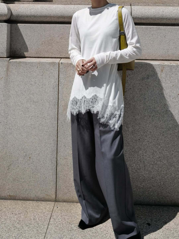 Pamučni top s dugim rukavima i čipkastim umetkom, okrugli izrez, srednja duljina, elegantan gradski stil