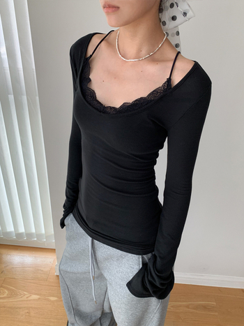 Slim-fit majica s dugim rukavima, jednobojna, čipkasti paneli i U-izrez