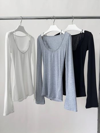 Slim-fit majica s dugim rukavima, jednobojna, čipkasti paneli i U-izrez
