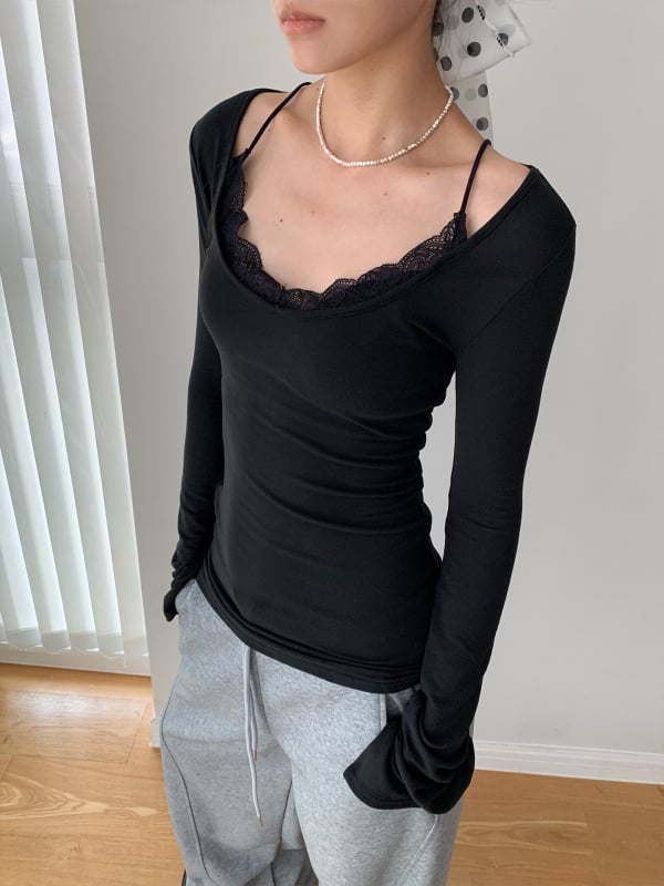Slim-fit majica s dugim rukavima, jednobojna, čipkasti paneli i U-izrez