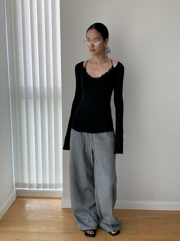 Slim-fit majica s dugim rukavima, jednobojna, čipkasti paneli i U-izrez