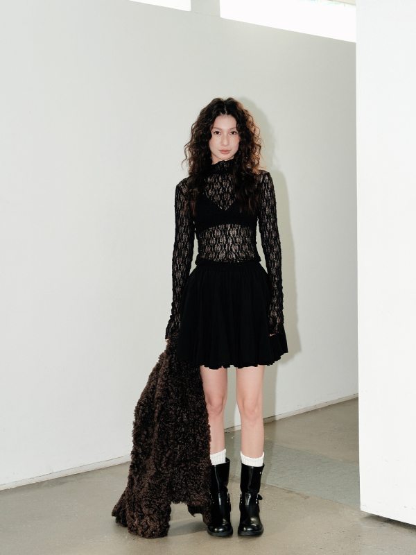 Ženski uski top s dugim rukavima od mrežaste čipke, najlon i spandeks, jednobojni uzorak