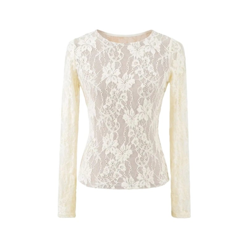 Ženski dugi rukavi T-shirt s dvostrukom reljefnom čipkom crochet – uski kroj, okrugli izrez, pamukova smjesa
