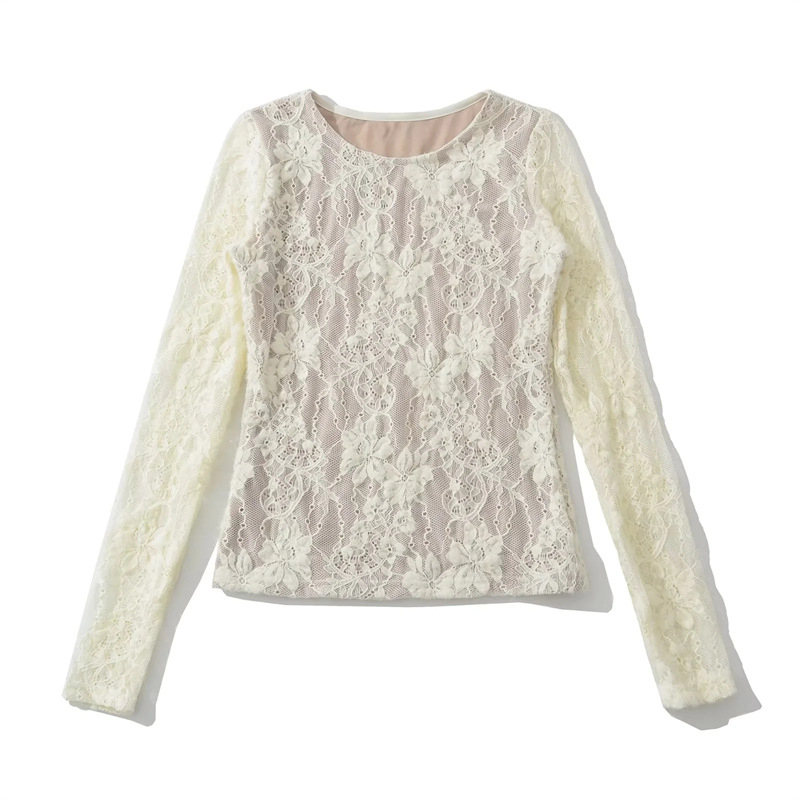 Ženski dugi rukavi T-shirt s dvostrukom reljefnom čipkom crochet – uski kroj, okrugli izrez, pamukova smjesa