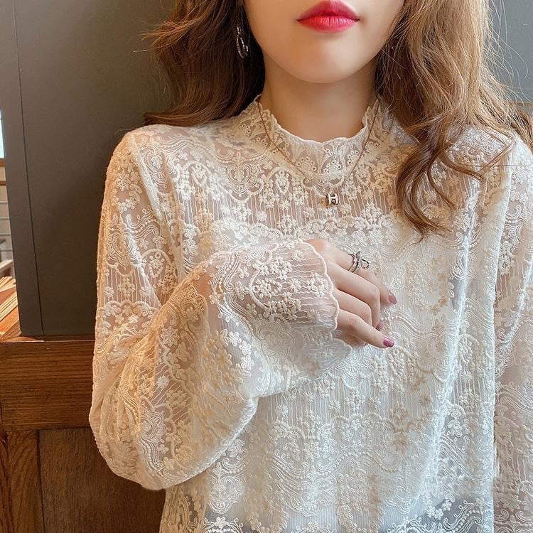 Nėrinių tinklo vidinis topas su pusaukščiu kaklu, ilgomis rankovėmis, vienos spalvos, poliesterio-elastano mišinio audinys, siuvinėjimas