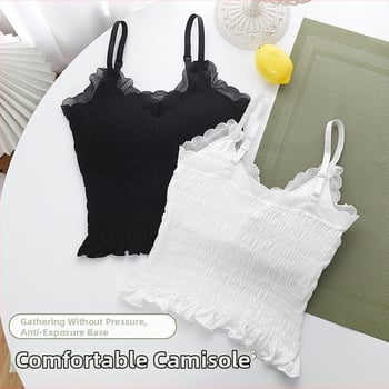 Prancūziško stiliaus nėrinių plisuotas be peties topas, trumpas modelis, be siūlių, 92% nailonas, moterims