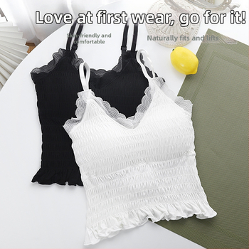 Prancūziško stiliaus nėrinių plisuotas be peties topas, trumpas modelis, be siūlių, 92% nailonas, moterims