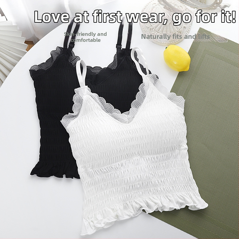 Prancūziško stiliaus nėrinių plisuotas be peties topas, trumpas modelis, be siūlių, 92% nailonas, moterims