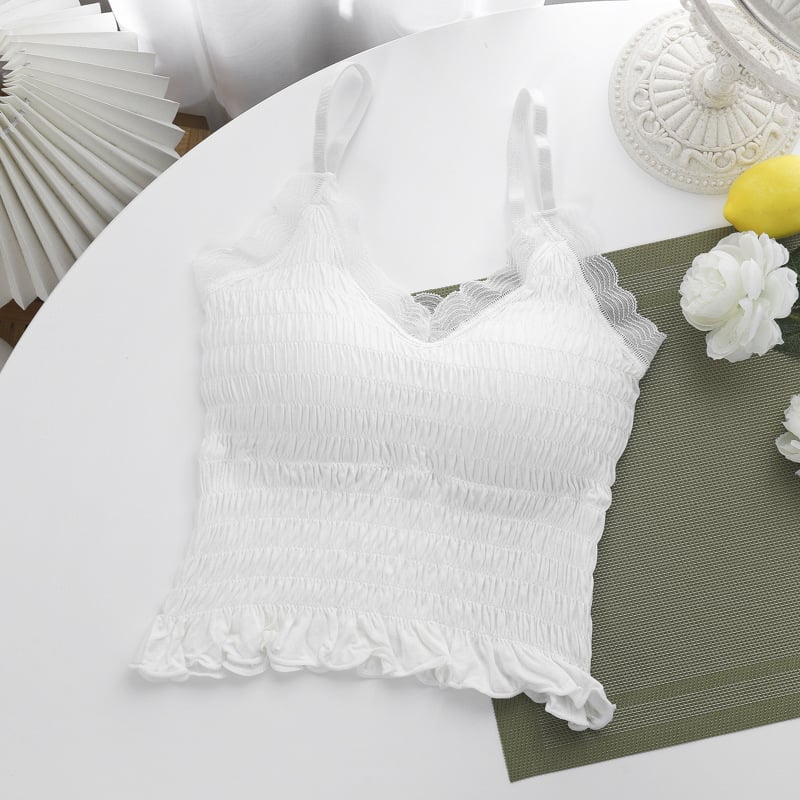 Francuski stil čipkasti plisirani top bez ramena, kratak, bez šavova, 92% najlon, za žene