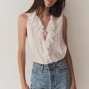 Ženski bez rukava top od pamuka s čipkastim umetkom i V-izrezom, jednofarban, slim fit