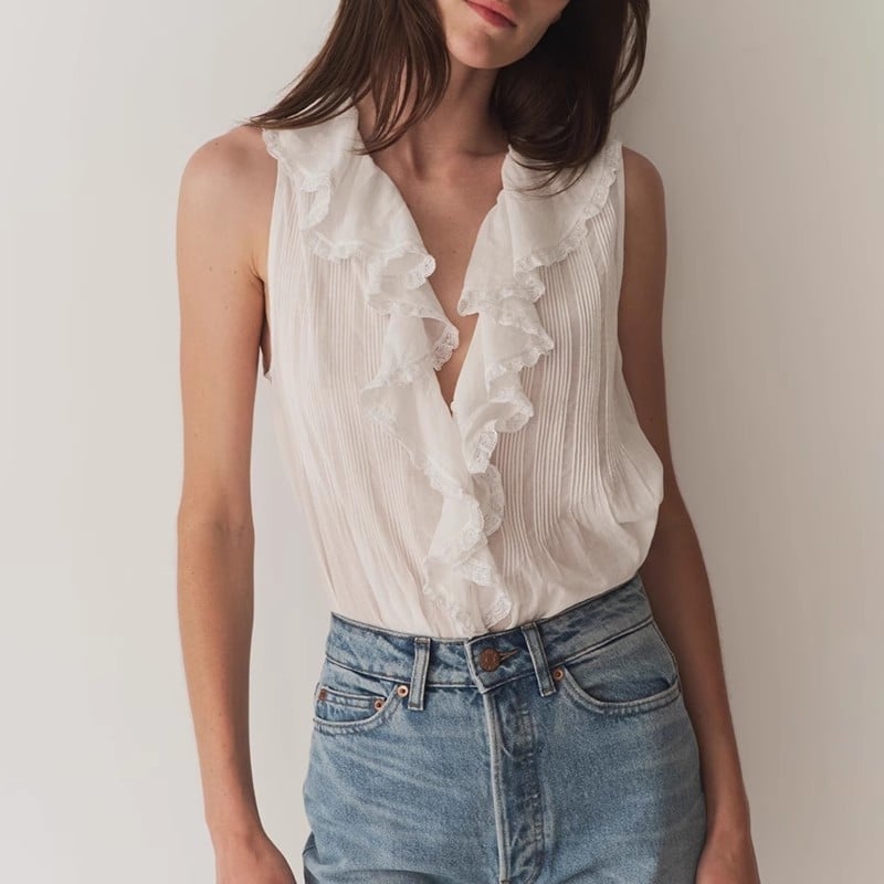 Ženski bez rukava top od pamuka s čipkastim umetkom i V-izrezom, jednofarban, slim fit