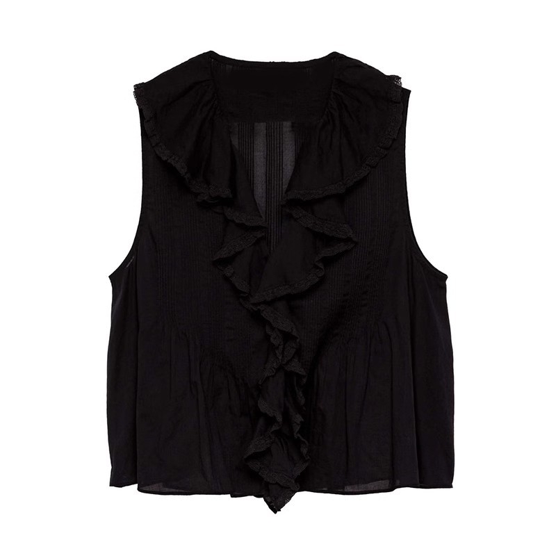Ženski bez rukava top od pamuka s čipkastim umetkom i V-izrezom, jednofarban, slim fit