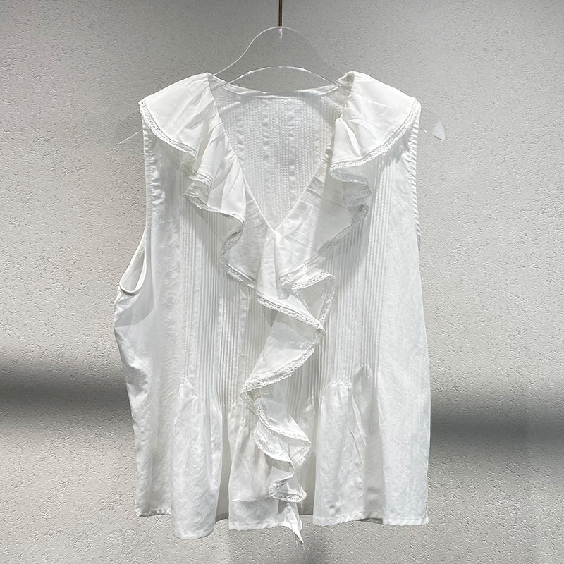 Ženski bez rukava top od pamuka s čipkastim umetkom i V-izrezom, jednofarban, slim fit