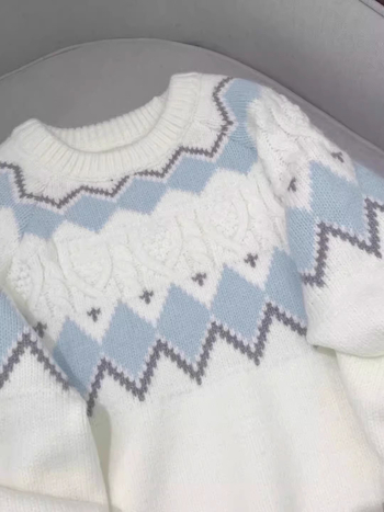 Bijeli ženski džemper s uzorkom Fair Isle, jesen-zima, mekan i debeo pleteni materijal, široka silueta