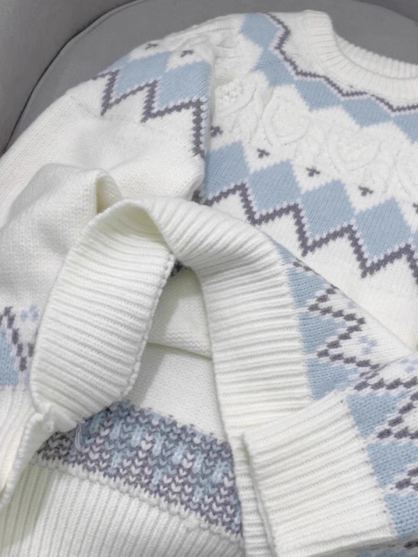 Bijeli ženski džemper s uzorkom Fair Isle, jesen-zima, mekan i debeo pleteni materijal, široka silueta