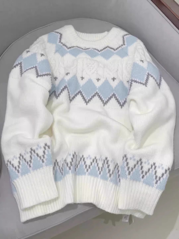 Bijeli ženski džemper s uzorkom Fair Isle, jesen-zima, mekan i debeo pleteni materijal, široka silueta