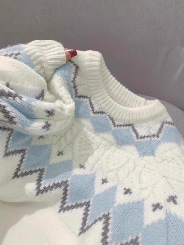 Bijeli ženski džemper s uzorkom Fair Isle, jesen-zima, mekan i debeo pleteni materijal, široka silueta