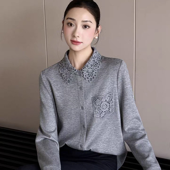 Moteriškas megztinis kardiganas su nėrinių siuvinėjimu, akrilinis pluoštas ir akrilo mišinys, apykaklė su reveru ir ilgomis rankovėmis