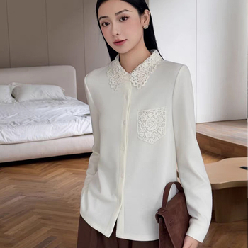 Moteriškas megztinis kardiganas su nėrinių siuvinėjimu, akrilinis pluoštas ir akrilo mišinys, apykaklė su reveru ir ilgomis rankovėmis