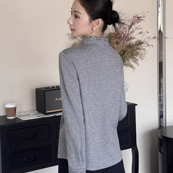 Moteriškas megztinis kardiganas su nėrinių siuvinėjimu, akrilinis pluoštas ir akrilo mišinys, apykaklė su reveru ir ilgomis rankovėmis