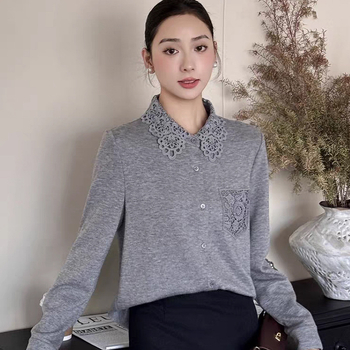 Moteriškas megztinis kardiganas su nėrinių siuvinėjimu, akrilinis pluoštas ir akrilo mišinys, apykaklė su reveru ir ilgomis rankovėmis