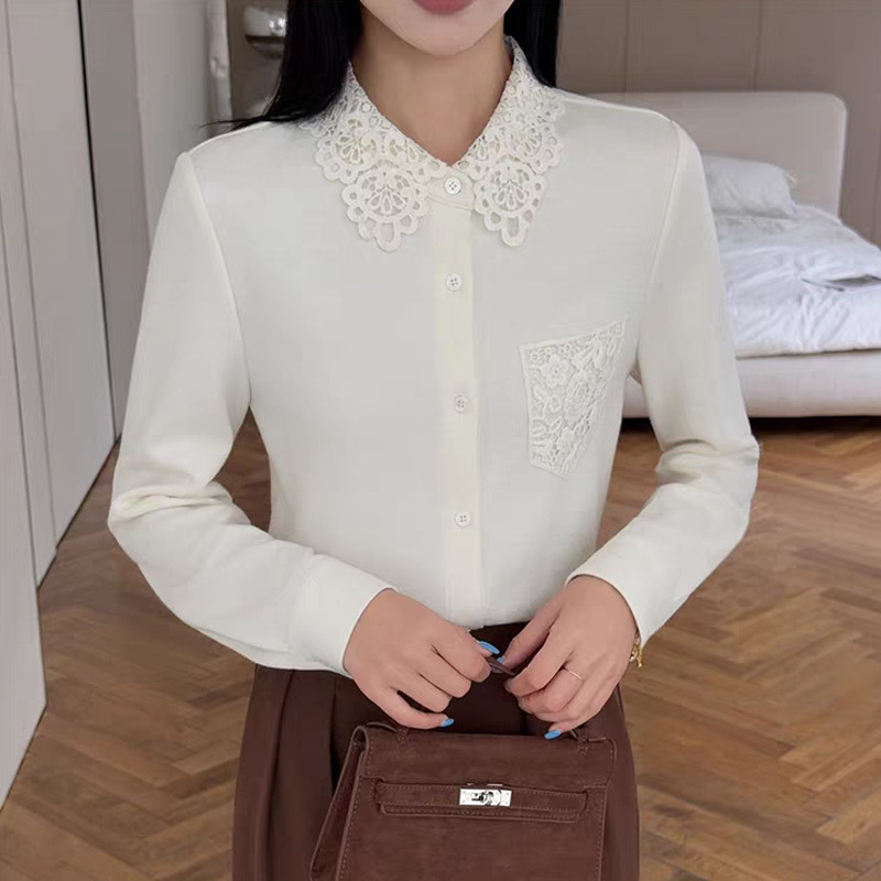 Moteriškas megztinis kardiganas su nėrinių siuvinėjimu, akrilinis pluoštas ir akrilo mišinys, apykaklė su reveru ir ilgomis rankovėmis