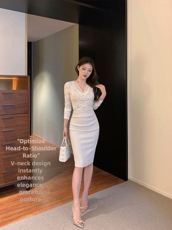 Moteriška nėrinių palaidinė su V-iškirpte, ilgomis rankovėmis, kiaurių nėrinių raštas, A linijos siluetas, nailono/akrilinio mišinio, rudens 2025 leidimas