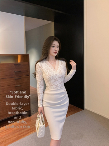 Moteriška nėrinių palaidinė su V-iškirpte, ilgomis rankovėmis, kiaurių nėrinių raštas, A linijos siluetas, nailono/akrilinio mišinio, rudens 2025 leidimas