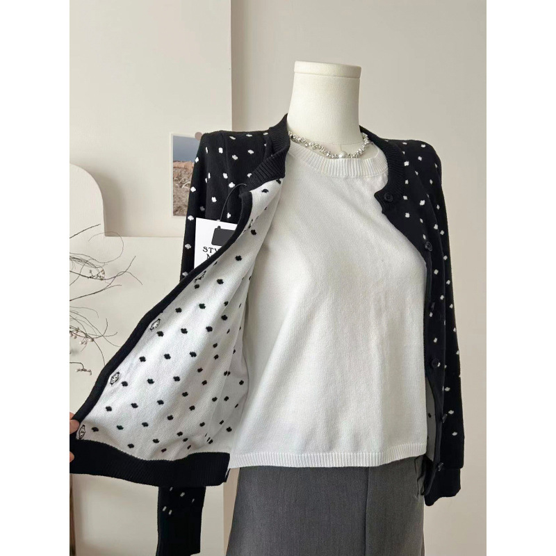 Cardigan s izvezenim točkicama, okrugli izrez, akrilno-elastanski spoj, dugi rukavi, gradski stil