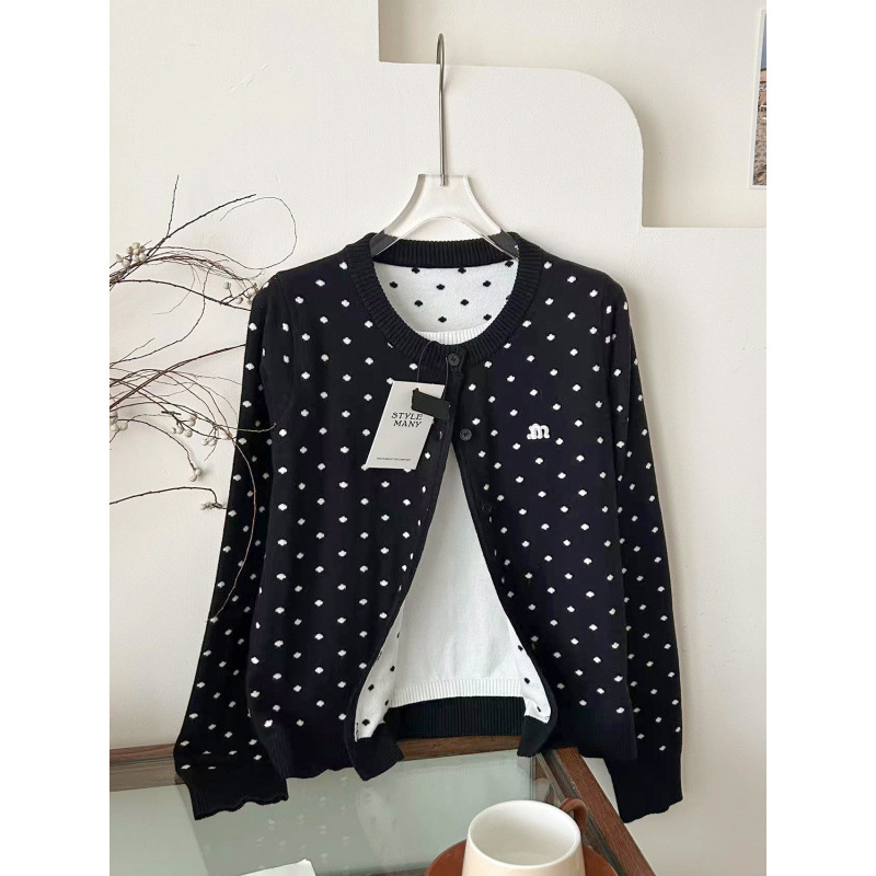 Cardigan s izvezenim točkicama, okrugli izrez, akrilno-elastanski spoj, dugi rukavi, gradski stil