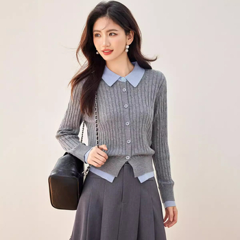 Pleteni kardigan s blokom boja, mješavina pamuka i elastina, V-izrez, dugi rukavi, lažni dvodjelni komplet