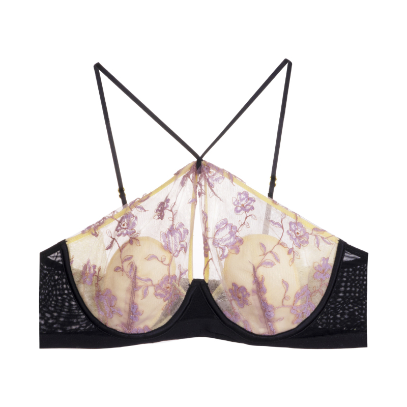 Sutien cu halter, cupe în formă de urechi de iepure, cupe subțiri, material principal: nailon, închidere spate cu trei rânduri de cârlige