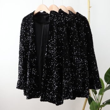 Baršunasta ženska kardigan jakna sa šljokicama za scenski kostim — jednofarbeni uzorak, 80% vlakna etilena, 20% poliester, podstava 100% poliester