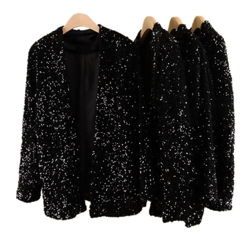 Baršunasta ženska kardigan jakna sa šljokicama za scenski kostim — jednofarbeni uzorak, 80% vlakna etilena, 20% poliester, podstava 100% poliester