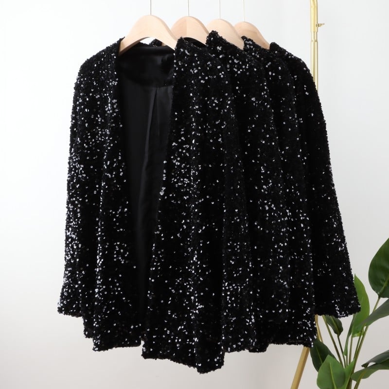 Baršunasta ženska kardigan jakna sa šljokicama za scenski kostim — jednofarbeni uzorak, 80% vlakna etilena, 20% poliester, podstava 100% poliester