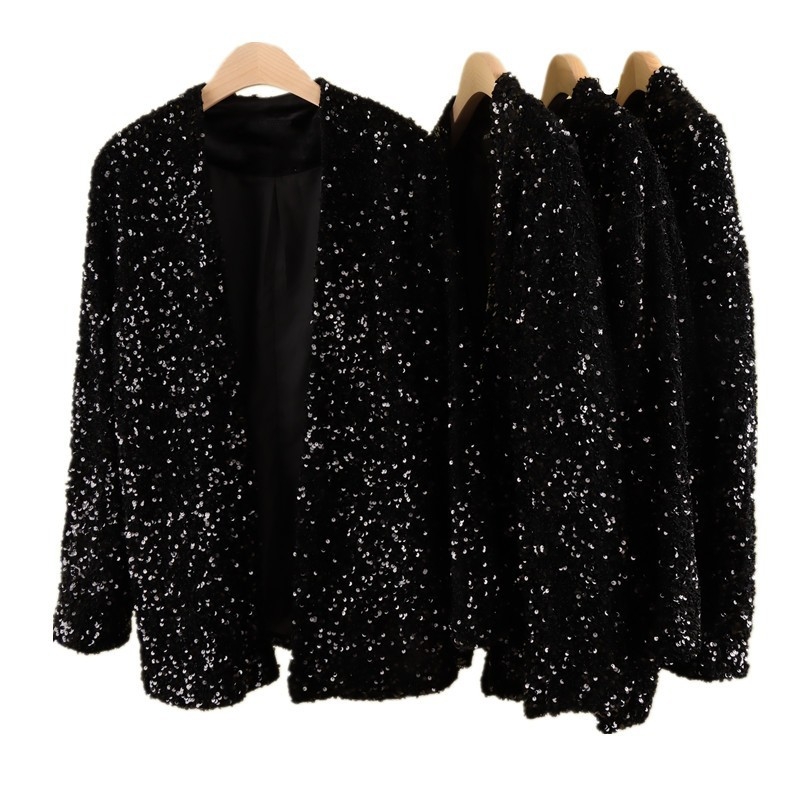 Baršunasta ženska kardigan jakna sa šljokicama za scenski kostim — jednofarbeni uzorak, 80% vlakna etilena, 20% poliester, podstava 100% poliester