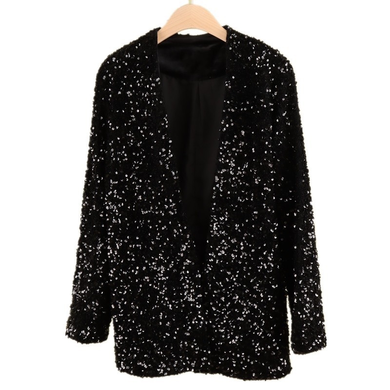 Baršunasta ženska kardigan jakna sa šljokicama za scenski kostim — jednofarbeni uzorak, 80% vlakna etilena, 20% poliester, podstava 100% poliester
