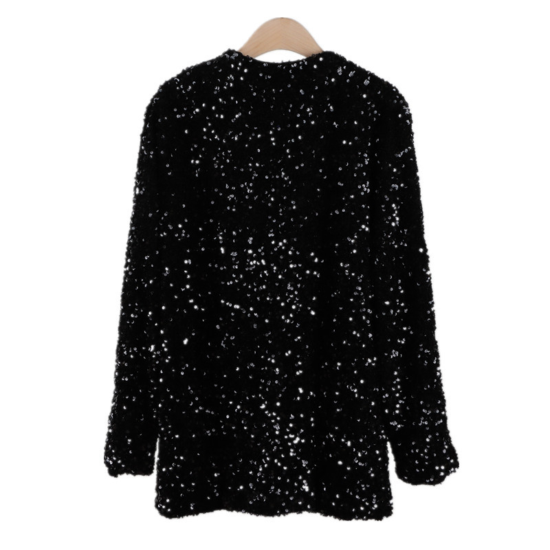 Baršunasta ženska kardigan jakna sa šljokicama za scenski kostim — jednofarbeni uzorak, 80% vlakna etilena, 20% poliester, podstava 100% poliester