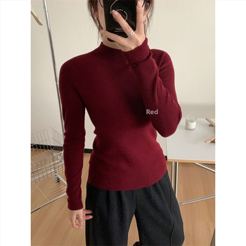 Bezšvový pletený sveter s polovičným rolákom, dlhé rukávy, pletený materiál, úzky strih