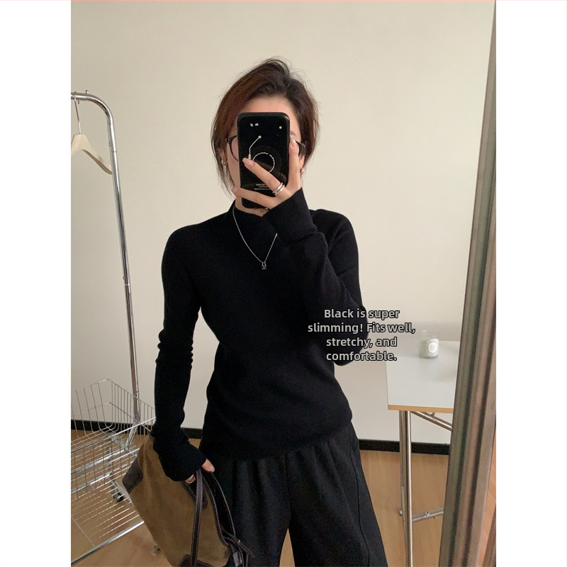 Bezšvový pletený sveter s polovičným rolákom, dlhé rukávy, pletený materiál, úzky strih