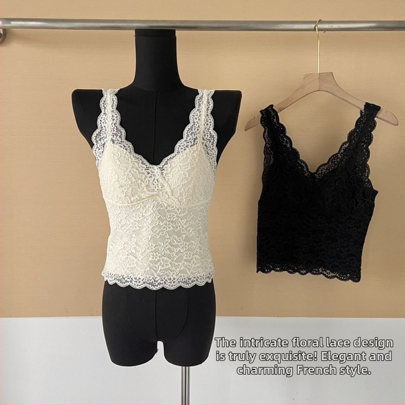 Medvilninė nėrinių braletė su 3/4 puodelio, V kaklo iškirptė, gėlių nėrinių apdaila, fiksuotos pečių juostelės, galima dėvėti kaip išorinę aprangą