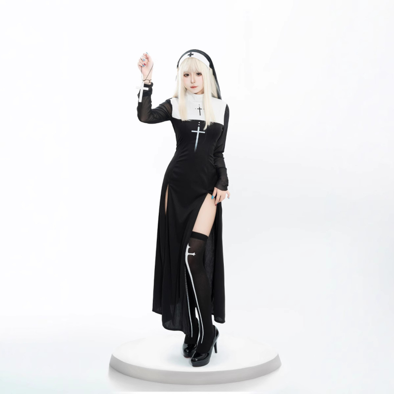 Ženska gotička haljina - vampirska časna sestra s križem, Spandex vlakno, stage cosplay, 2025 ljeto