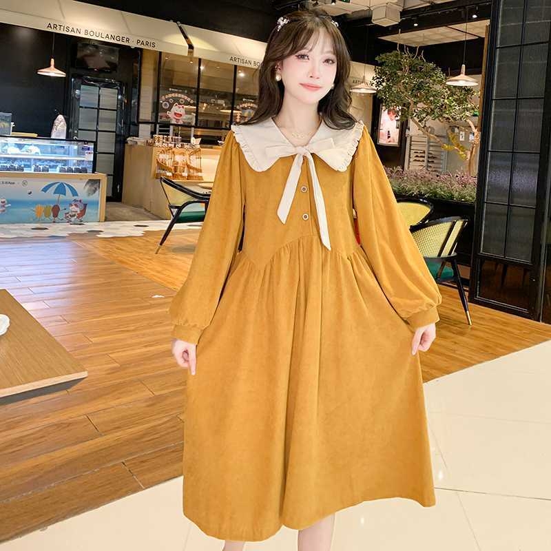 Tehotenské šaty na dojčenie z kordurovej látky, voľný strih A-line, stredná dĺžka, dlhé rukávy, zapínanie na gombíky, shirring