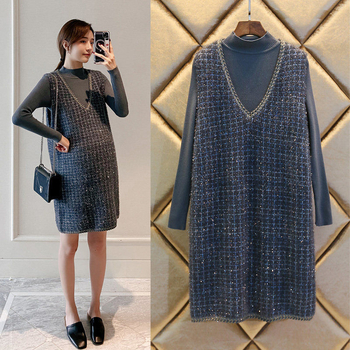 Maternitný set so sukňou — chenille látka, dlhé rukávy, spandex <30%, top s rohovými rukávmi, dĺžka sukne, jesenná/zimná móda japonsko-kórejský štýl