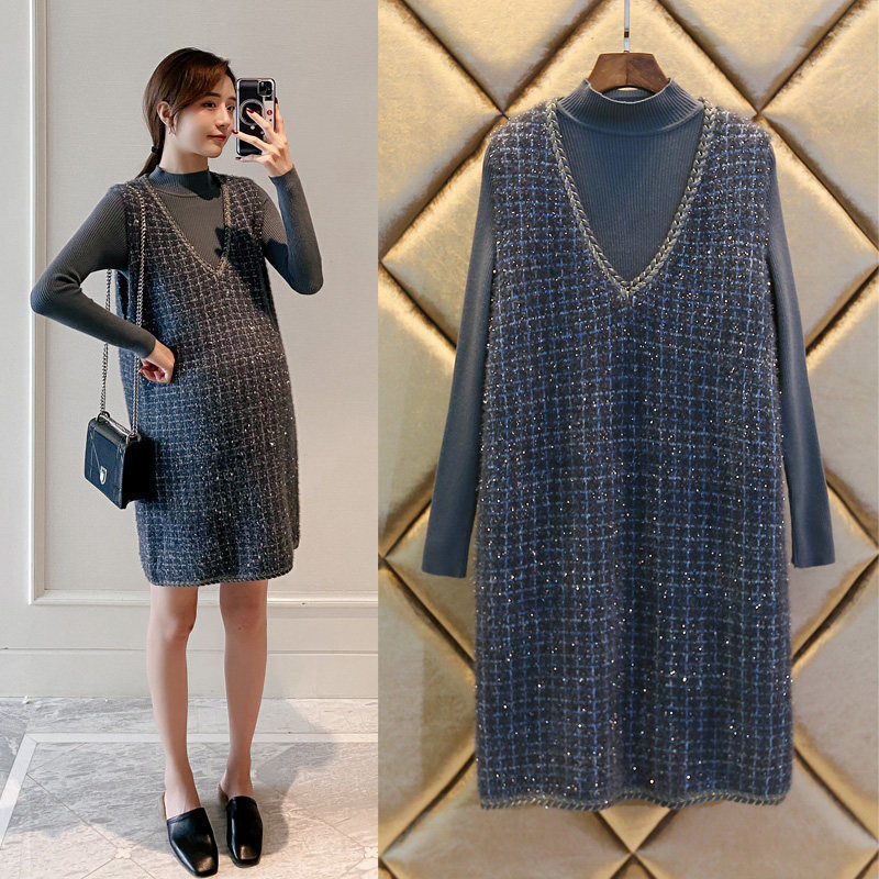 Maternitný set so sukňou — chenille látka, dlhé rukávy, spandex <30%, top s rohovými rukávmi, dĺžka sukne, jesenná/zimná móda japonsko-kórejský štýl