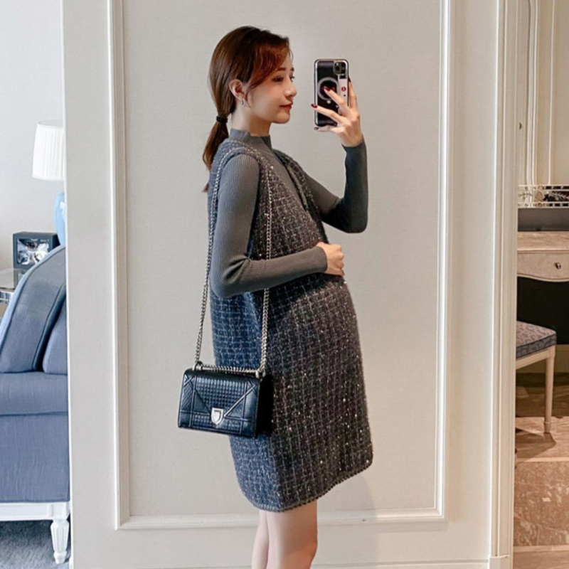 Maternitný set so sukňou — chenille látka, dlhé rukávy, spandex <30%, top s rohovými rukávmi, dĺžka sukne, jesenná/zimná móda japonsko-kórejský štýl