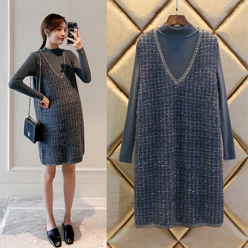 Maternitný set so sukňou — chenille látka, dlhé rukávy, spandex <30%, top s rohovými rukávmi, dĺžka sukne, jesenná/zimná móda japonsko-kórejský štýl