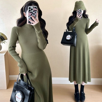 Tehotenské pletené šaty s polovičným rolákom, dlhé rukávy, Chenille tkanina, elastan 50–70%, víla silueta midi dĺžky, japonsko-kórejský voľnošportový štýl